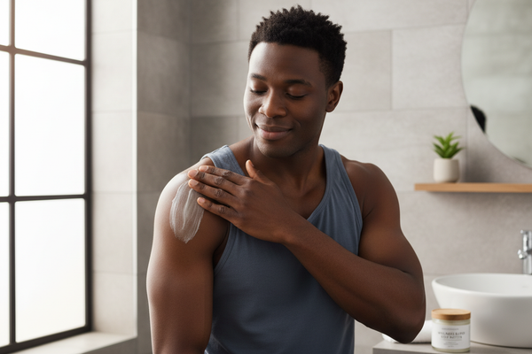 Black Man putting body butter on shoulder