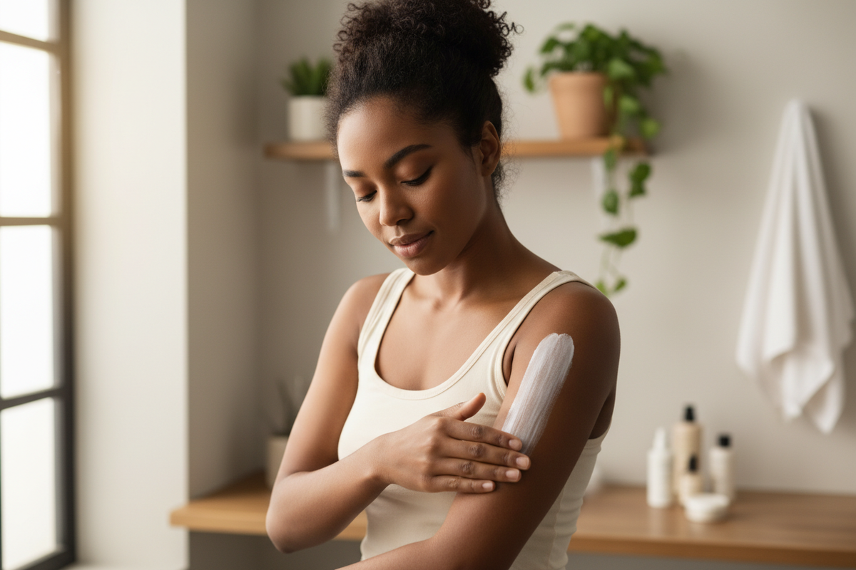Black woman applying SPF on the her arms