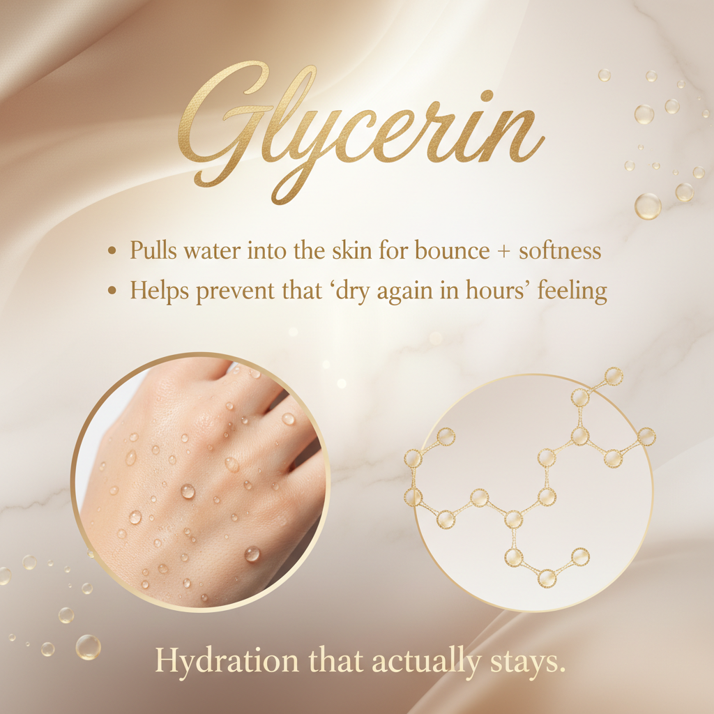 Glycerin

Pulls water into the skin for bounce + softness

Helps prevent that “dry again in 2 hours” feeling Hydration that actually stays.